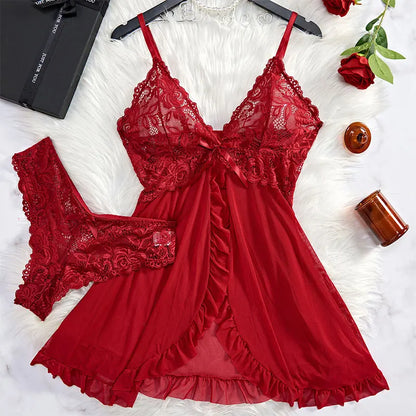 Panty Pijamas Women's Deep V Neck Low Cut Backless Mesh Transparent Red Sexy Lingerie See Through Sleepwear Lace Nightdress