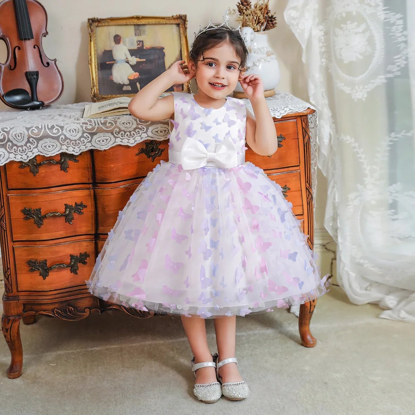 Little Girl Party Dress Princess 3D Butterfly Mesh Tutu Gown Children Birthday Weddings Ball Gown Kids Formal Gala Costumes 3-8Y