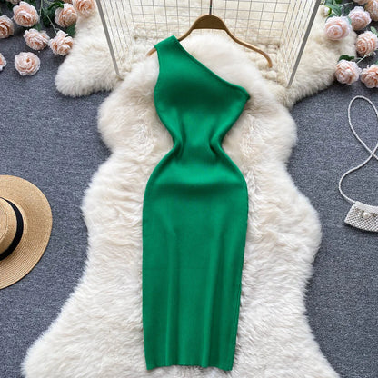 YuooMuoo Ins Fashion Sexy One Shoulder Knitted Bodycon Dress Lady Elastic Outfits Package Hips White Mini Dress Party Vestidos