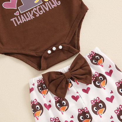 Lioraitiin Baby Girl Thanksgiving Outfit, Turkey Print Long Sleeve Romper Flared Pants Bow Headband 3Pcs Set for Fall