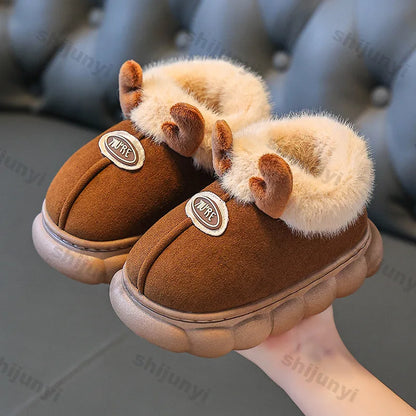 Children's Slippers Winter New Cartoon Warm Anti Slip Boys Girls Indoor Comfortable Platform Reindeer Baby Plush Cotton Shoes