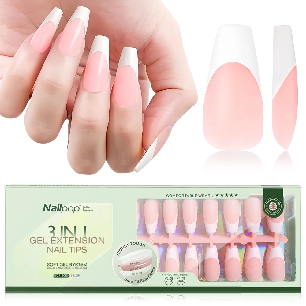 NAILPOP 150PCS Short Coffin Press on Nails 3 in 1 Coat Soft Gel Nail Tips French Tip Press on Nails 15 Sizes of Nail Art DIY