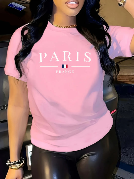 Women's Short Sleeve Casual Tee Round Neck T-Shirt Summer Sporty Style "PARIS FRANCE" Print Versatile Top Casual Female Clothing