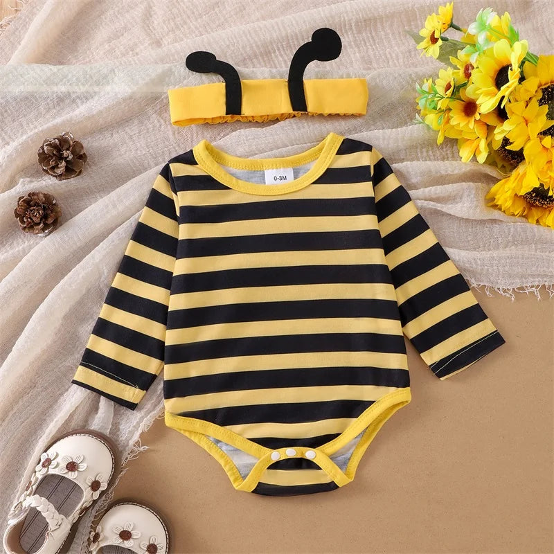 Pudcoco Infant Baby Girls Autumn Skirt Sets Flying Sleeve Romper Bee/Beetle Embroidery Suspender Dress Headband Sets