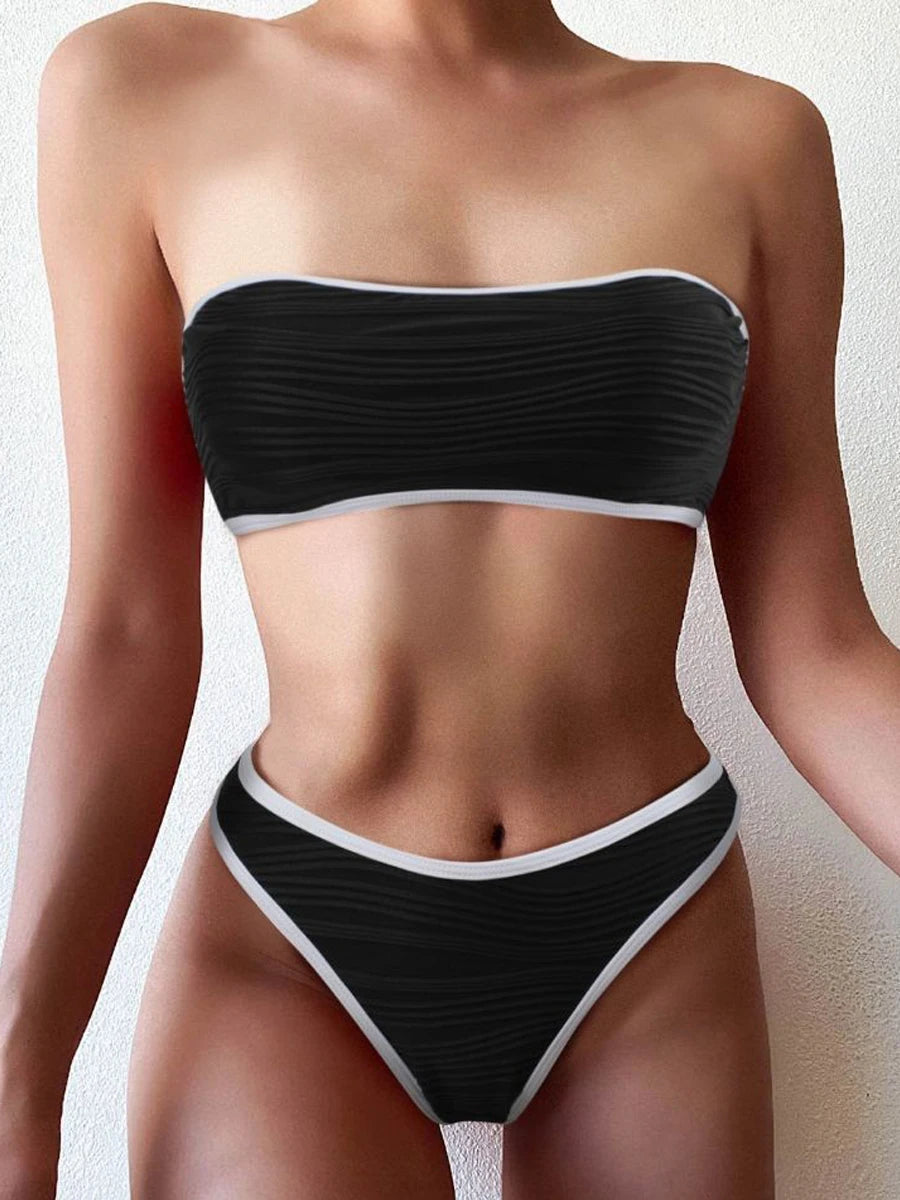 Sexy Bandeau High Waist Bikini 2023 Women Triangle Swimsuit Stitch Detail Swimwear Padded Bathing Suit Female Solid Beachwear