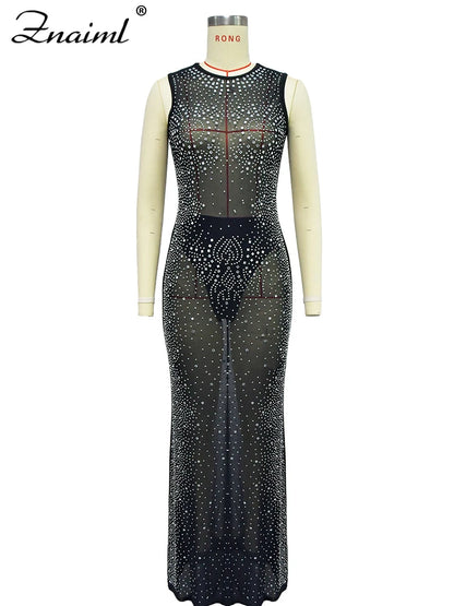 Znaiml Luxury Sparkly Crystal Rhinestone Christmas Evening Bodycon Long Dress Women's Mesh See Through Birthday Night Vestidos