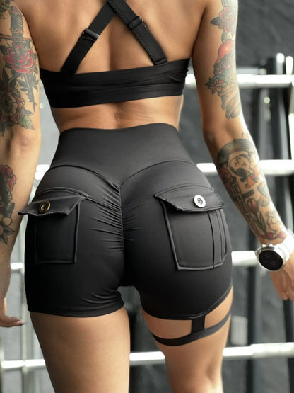 Yoga Shorts For Women Pocket Scrunched Butt Gym Leggings High Waist Push Up Tights Sexy Casual Shorts Fitness Running Exercise