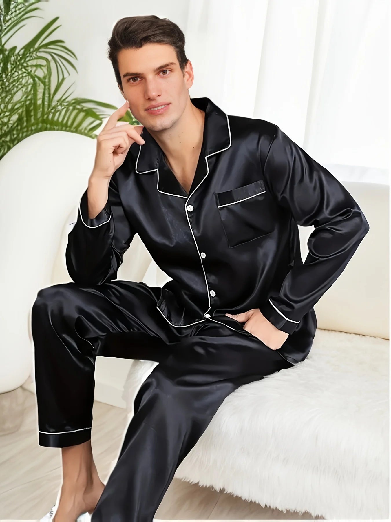 Men Pajama Sets Microfiber Sleepwear For Sleeping Man Shirt Silk Long Sleeve Pyjama Male Home Night Wear Plus Size Loungewear