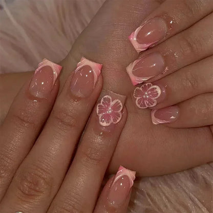 24pcs Pink Flower Fake Nail with Glue Cute White Artificial Nails Wearable Press on Acrylic Nails Square False Nails Press Ons