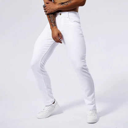 Summer new men's white casual versatile high elastic straight leg jeans with tight and stylish sports and fitness pants for men