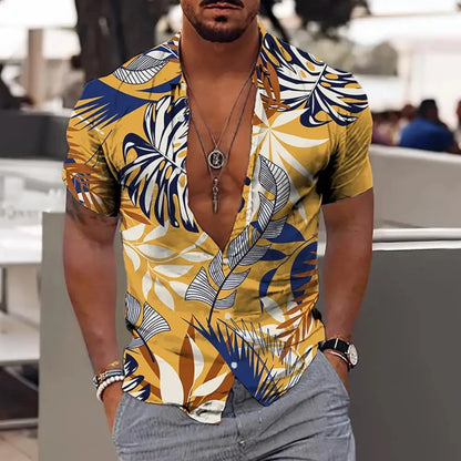Men Hawaiian Shirt Coconut Tree Print Aloha Shirt Collar Button Short Sleeve Male Clothes Beach Casual Vacation Blouse Tops