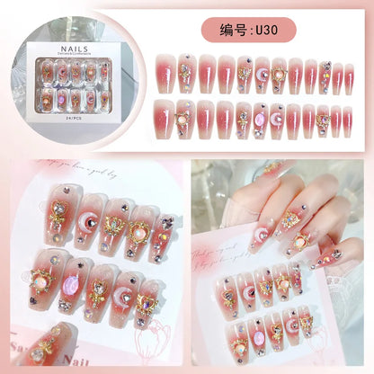 24pcs/box Luxury Pink Long Coffin Fake Nails Y2K Moon Star Rhinestones Press On Nails Handmade Full Cover Reusable False Nails