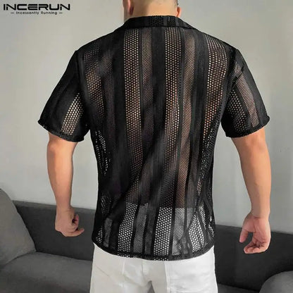 INCERUN Men's Shirt Mesh Transparent Lapel Short Sleeve Summer Camisas Streetwear 2024 Hollow Out Fashion Casual Shirts S-5XL