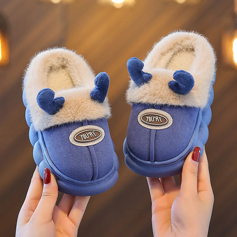 Children's Slippers Winter New Cartoon Warm Anti Slip Boys Girls Indoor Comfortable Platform Reindeer Baby Plush Cotton Shoes