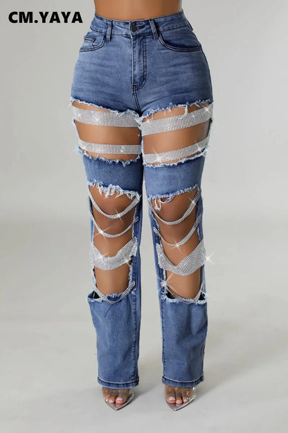 Women Fashion Pearl Beading Ripped Hollow Out Tassel Wide Leg Jeans 2025 New Summer