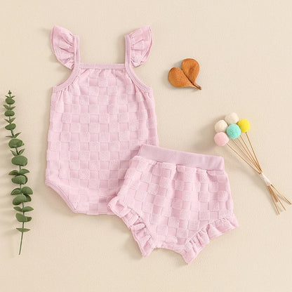 Baby Clothing Girl Summer Clothes Infant Solid Color Plaid Romper with Elastic Waist Shorts Nebworn Set