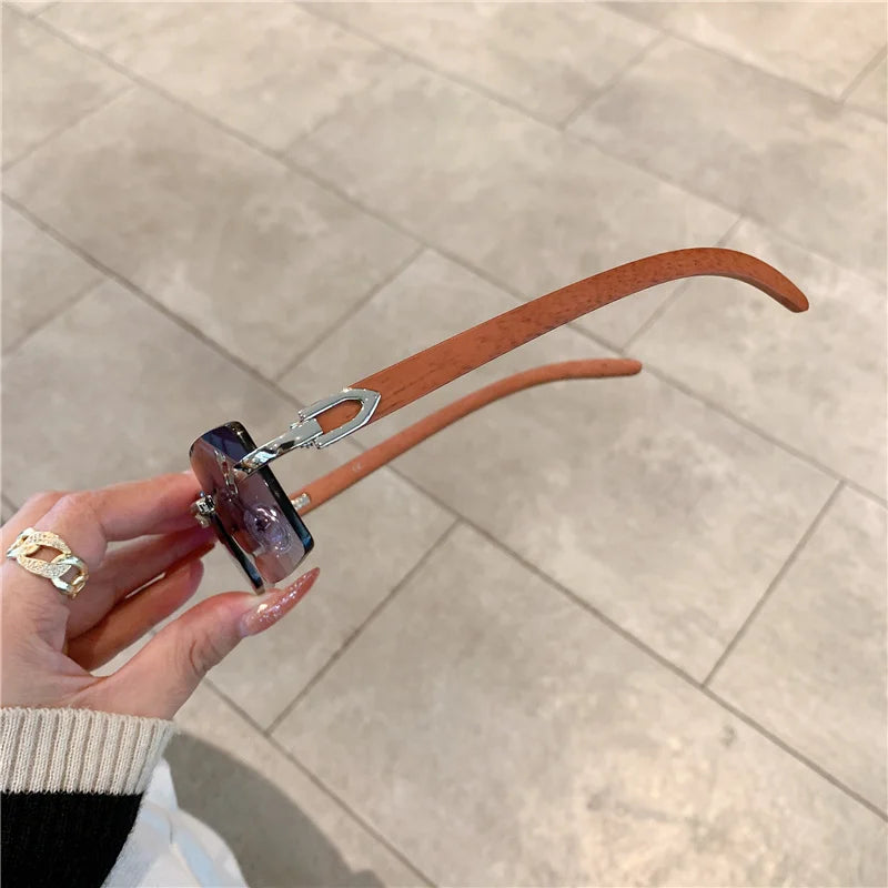 Rimless Wooden Pattern Sunglasses