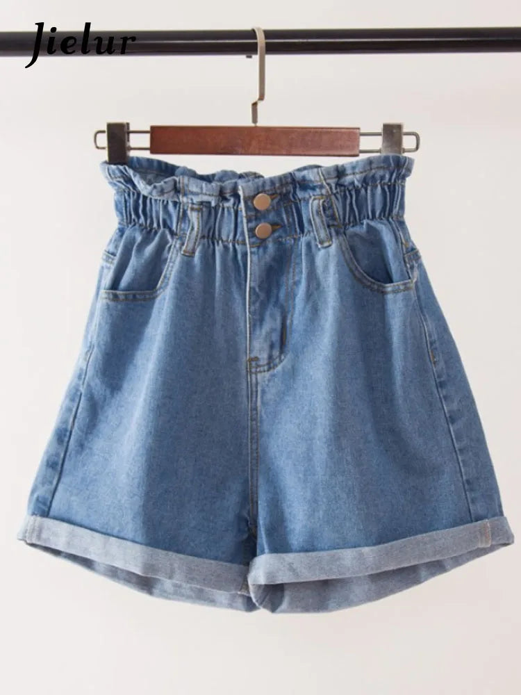 Jielur Summer Black Women Denim Shorts Women S-5XL Harem Ruffled White Blue High Waisted Shorts Female Elastic Short Jeans