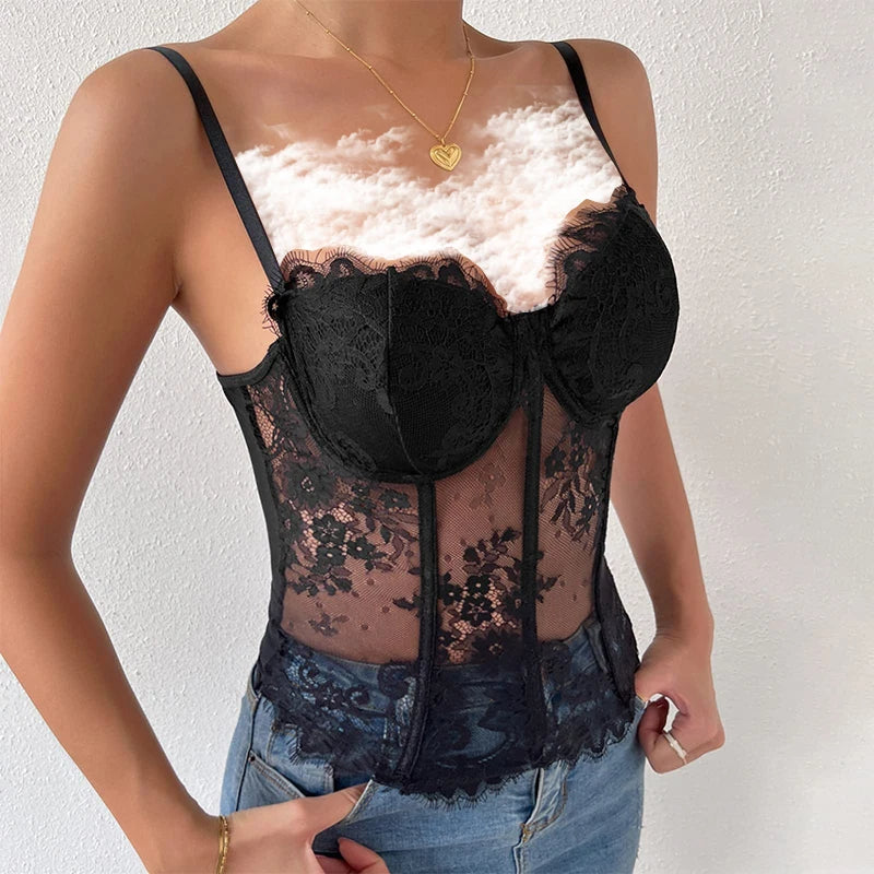 Women's Sleeveless Tight Fitting Tank Top Women's Lace Transparent Fish Minimalist Bra Black Sheer Lace Tight Fitting Bra