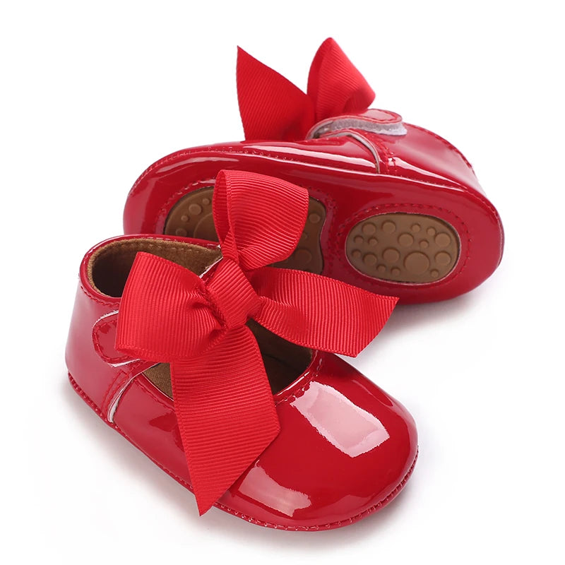 Newborn Baby Shoes Baby Girl Shoes Girl Classic Red Bowknot Rubber Sole Anti-slip PU Dress Shoes First Walker Toddler Crib Shoes