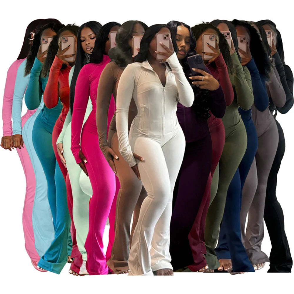 Women Clothes Two Piece Flared Pants Tracksuits Set