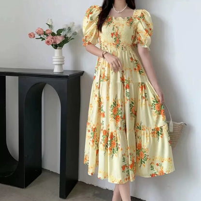 Korean Fashion Floral Print 2024 Party Dress Summer Short Puff Sleeve Vacation Women Long Dress Beach Vestidos