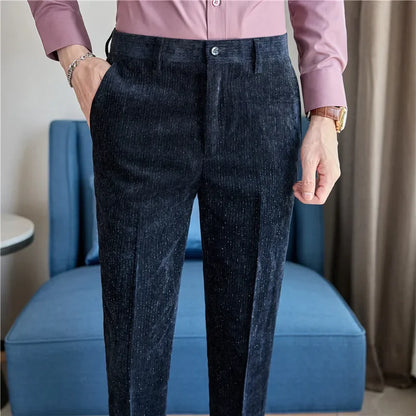 Velvet Men Suit Pants 2024 Autumn Winter New Warm Thick Trousers Solid Casual Elastic Slim Fit Formal Dress Pants Wedding Party