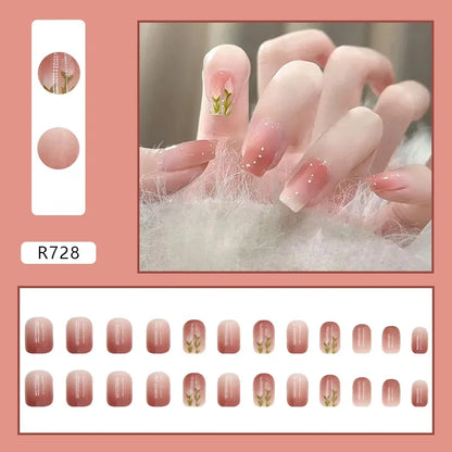 Vintage Camellia Wearable Pink Press on Fake Nails Tips with Glue False Nails Design Butterfly Lovely Girl False Nails