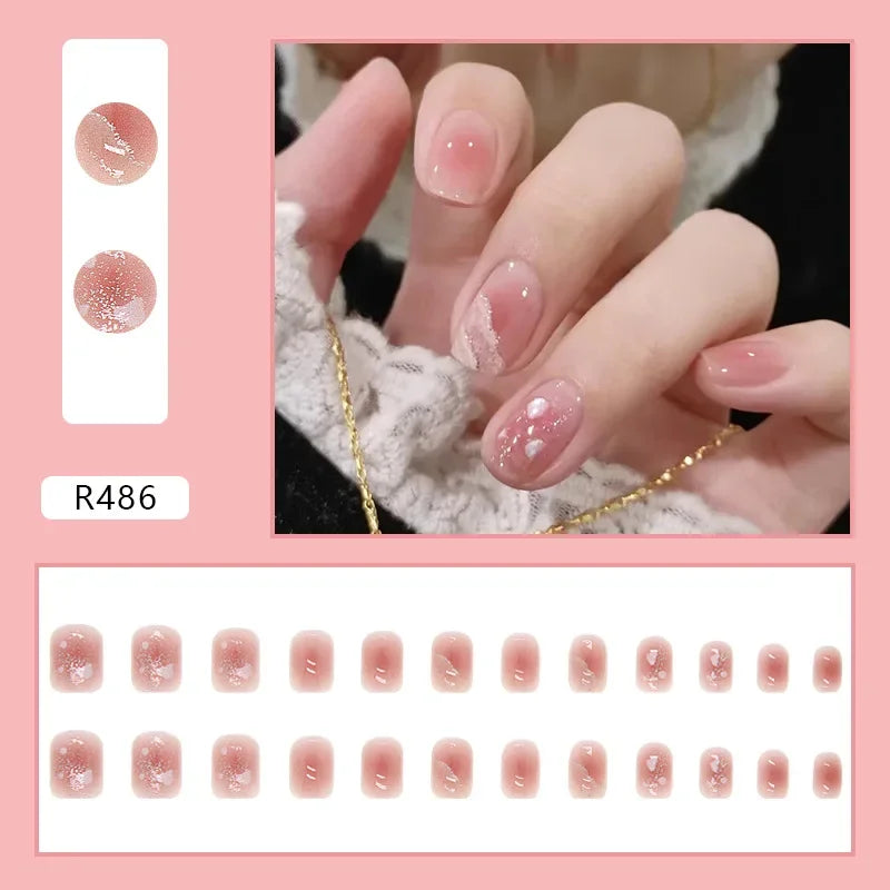 Vintage Camellia Wearable Pink Press on Fake Nails Tips with Glue False Nails Design Butterfly Lovely Girl False Nails