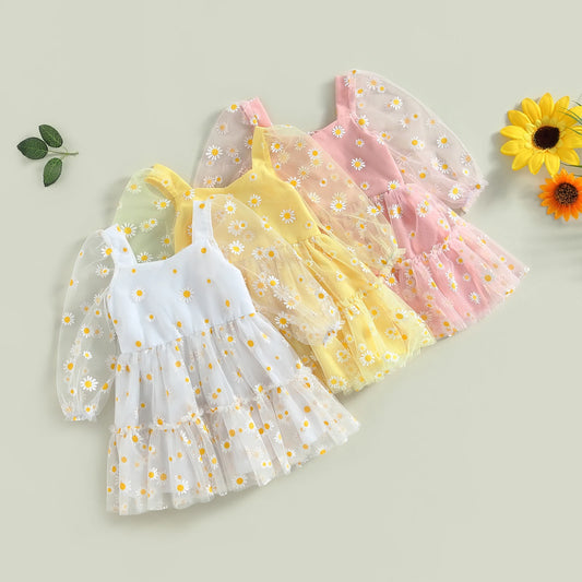 Pudcoco Infant Baby Girl Princess A-Line Dress Elegant Daisy Print Long Sleeves Mesh Tulle Party Dress for Toddler 3M-3T