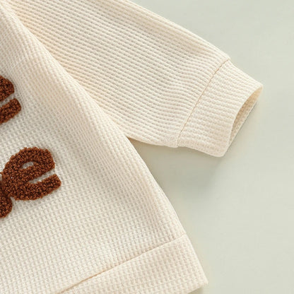 Toddler Boy Girl Waffle Outfit Letter Embroidery Long Sleeve Sweatshirt with Elastic Waist Solid Pants Set