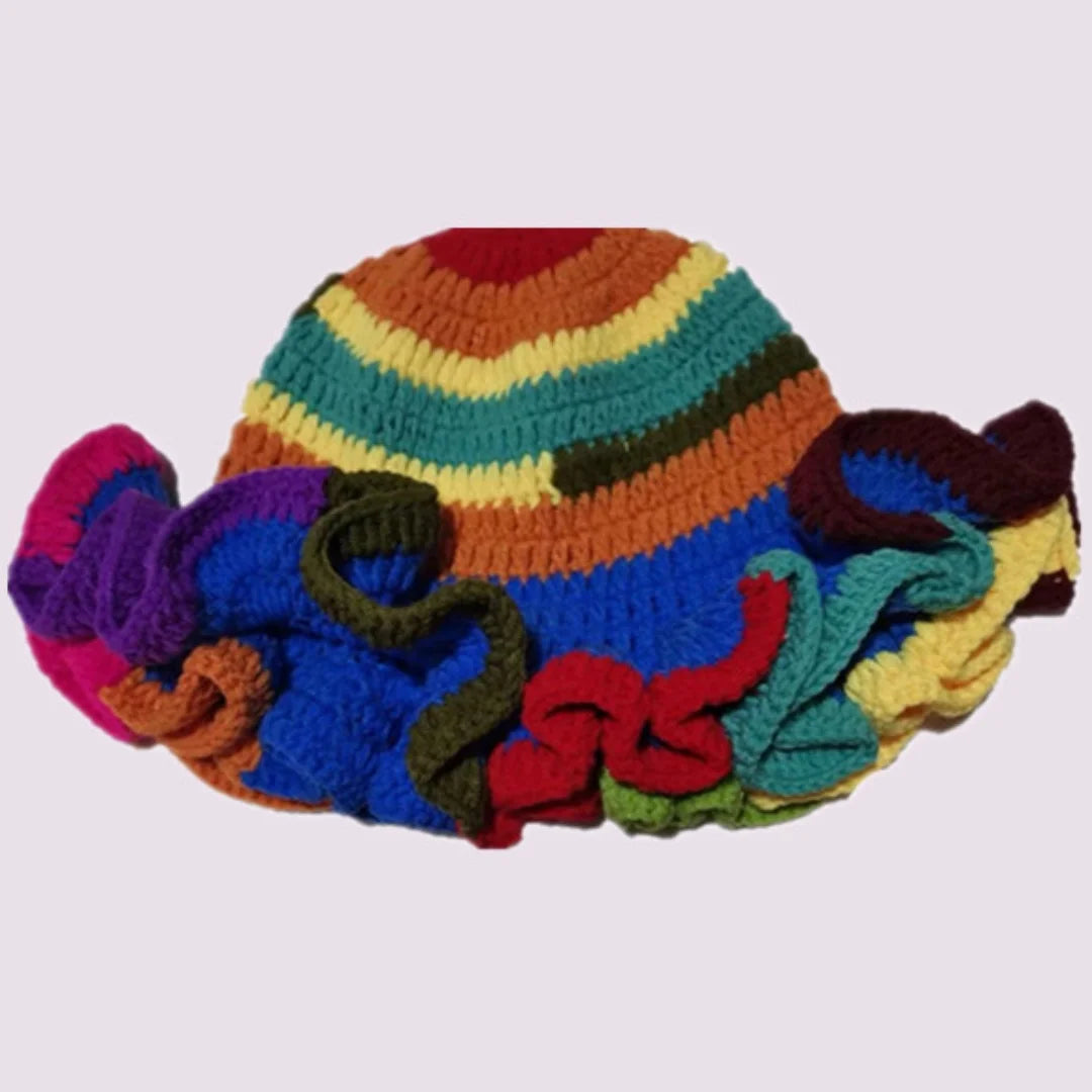 Handmade Crochet Knitted Hats Women Girl Crochet Scallop Ruffle Edge Knit Bucket Caps Adult Trendy Rainbow Striped Beach Sun Hat
