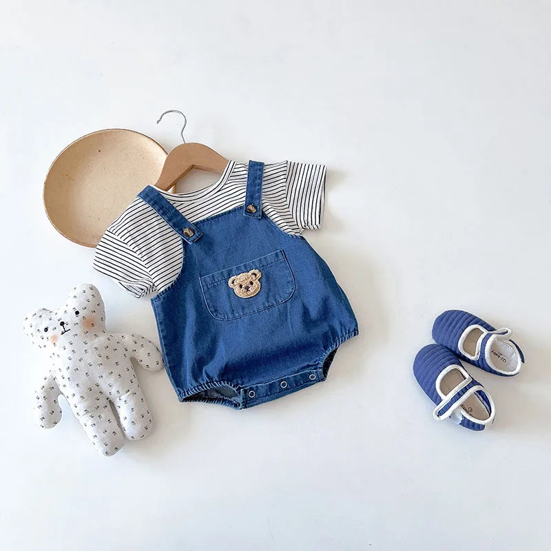 Summer Baby Clothing Set Newborn Girls Striped T-shirt and Denim Bodysuits 2Pcs Boys Cool Suits