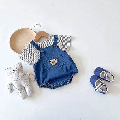 Summer Baby Clothing Set Newborn Girls Striped T-shirt and Denim Bodysuits 2Pcs Boys Cool Suits