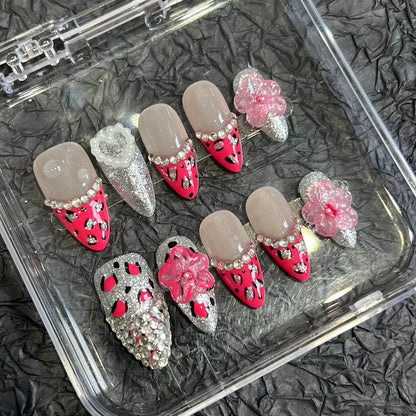 10pcs Handmade Press On Nails Black Pink French Style False Nails With Hand Painted 3D Flower Designs Short T Summer Nails Tips