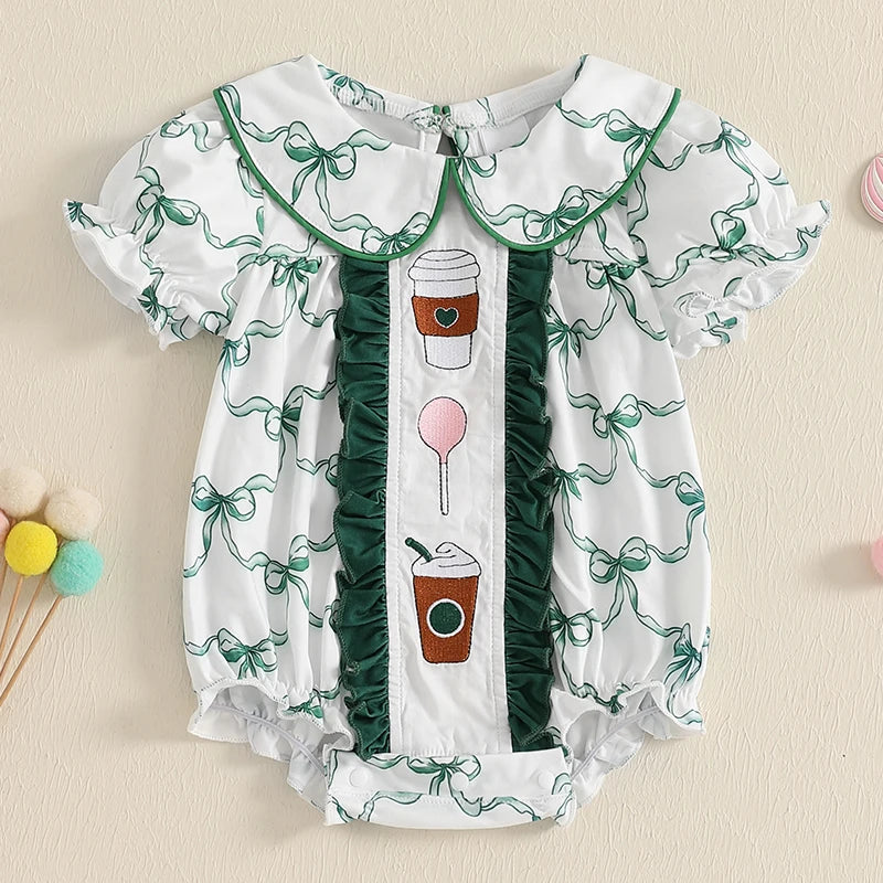 Newborn Baby Girl Romper Outfit Bow Embroidery Short Puff Sleeve Smocked Bubble Romper Doll Collar Bodysuit Jumpsuit Clothes