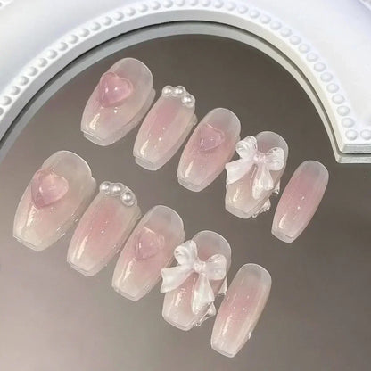 10pcs Gradient Pink Fake Nail With 3D Moon Heart Diamond Design m