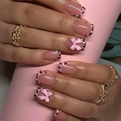 24pcs Pink Flower Fake Nail with Glue Cute White Artificial Nails Wearable Press on Acrylic Nails Square False Nails Press Ons