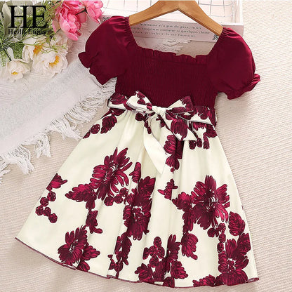 Girl dress Summer new sweet print patchwork bubble sleeve princess skirt birthday party dress girl baby children's clothing