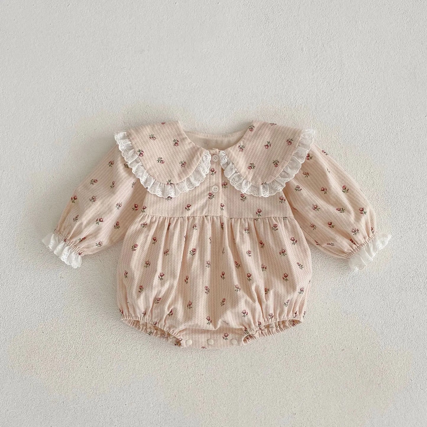 2024 Autumn Infant Baby Girls Full Sleeve Peter Pan Collar Lace Ruched Floral One-piece Newborn Kids Jumpsuits Toddler Bodysuits