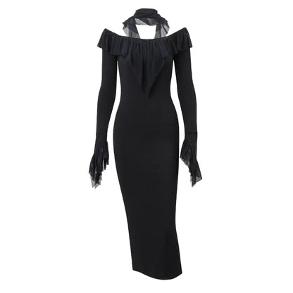 Mesh Ruffles Evening Dress Round Collar Slim Long Sleeve