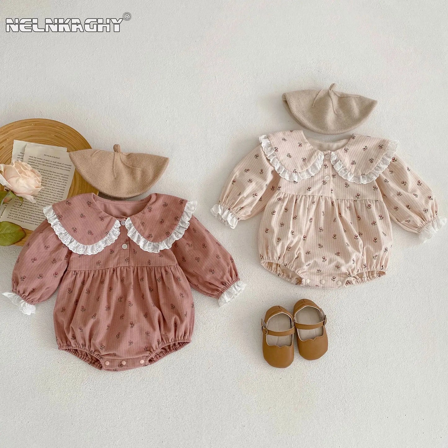 2024 Autumn Infant Baby Girls Full Sleeve Peter Pan Collar Lace Ruched Floral One-piece Newborn Kids Jumpsuits Toddler Bodysuits