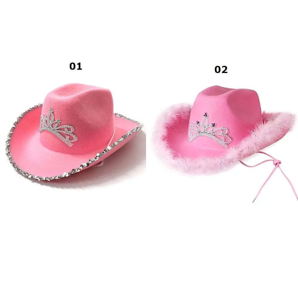 Pink Cowboy Hat Fluffy Feather Brim Cap With Crown Wild West Cowgirl Fancy Dress Costume Accessories Party Dress Up