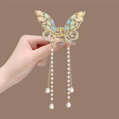 Exquisite Rhinestone Butterfly Fringe Hair Claw Clips Korean New Ponytail Braid Pearl Hairpin Girl Crab Metal Headdress Gift