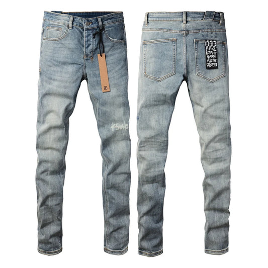 25SS New Men Streetwear Fashion KSUBI Cross Jeans Vintage Wash Do Old Patch Light Blue Stretch Slim Denim Trousers Brand Jeans