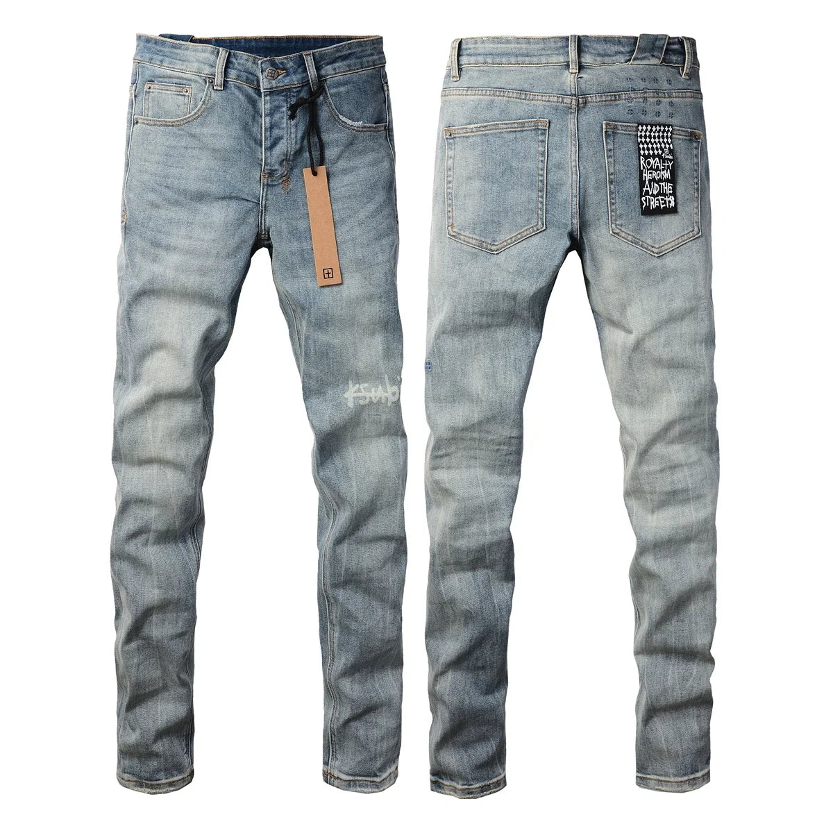 25SS New Men Streetwear Fashion KSUBI Cross Jeans Vintage Wash Do Old Patch Light Blue Stretch Slim Denim Trousers Brand Jeans
