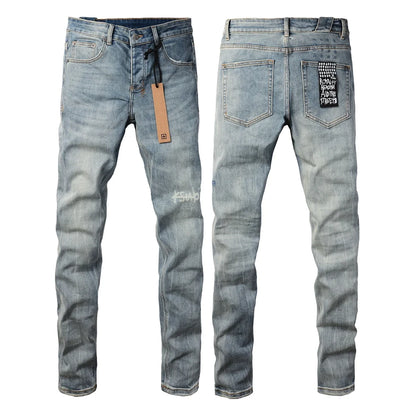 25SS New Men Streetwear Fashion KSUBI Cross Jeans Vintage Wash Do Old Patch Light Blue Stretch Slim Denim Trousers Brand Jeans