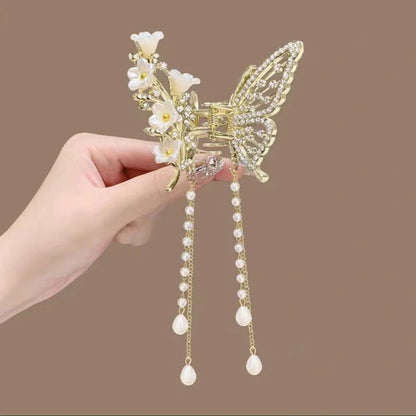 Exquisite Rhinestone Butterfly Fringe Hair Claw Clips Korean New Ponytail Braid Pearl Hairpin Girl Crab Metal Headdress Gift