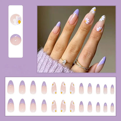 24pcs/Box Ballerina Nail Tip Purple with Design Manicure Patches Fresh Floral Almond False Nails Press on Med Nails Detachable