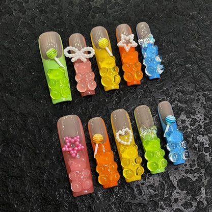 10Pcs Handmade Press On Nails Full Cover Colorful Flower Butterfly French Ballet Summer